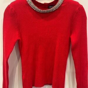 Generation love Red Ribbed Long Sleeve Top with Embellished Collar